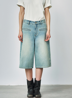 SAME FLOW 营造随性慵懒氛围感手工做旧水洗自然褪色纹理七分中裤