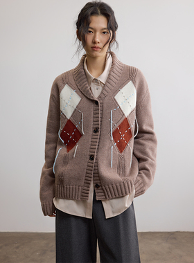 SAMEFLOW 经典青果领立体绞花复古学院风氛围菱形格毛衣开衫女