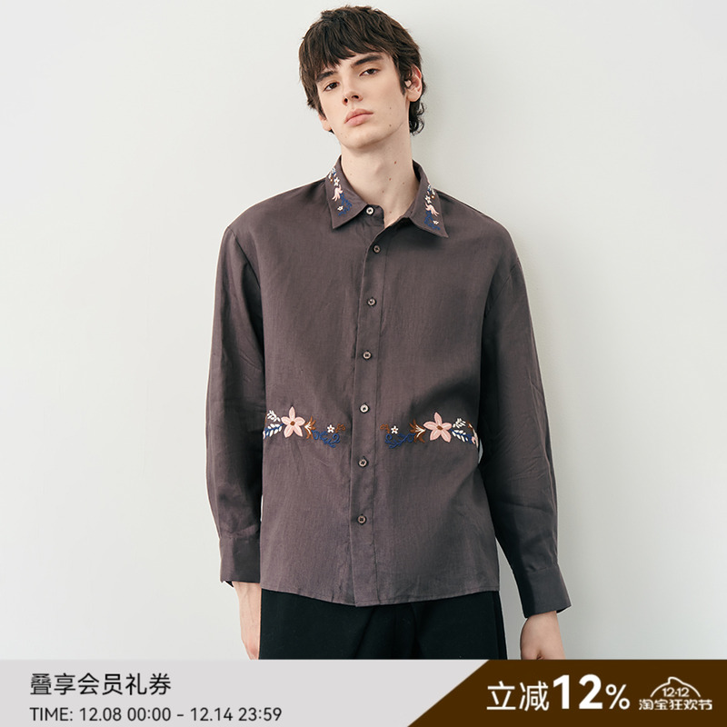 SAME FLOW “野蕨与荒原”花卉元素亚麻纹理质感原刺绣花朵衬衫女