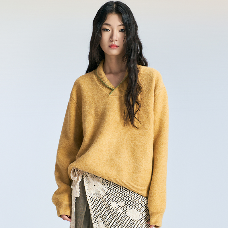 SAME FLOW 三色男女同款缝线撞色慵懒风格宽松高级感套头V领毛衣