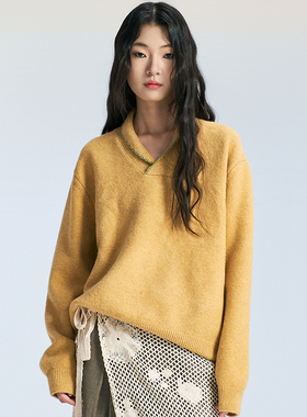 SAME FLOW 三色男女同款缝线撞色慵懒风格宽松高级感套头V领毛衣