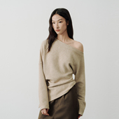 SAME 百搭时髦感上衣女 不对称高级感长袖 FLOW 斜肩露肩设计针织衫