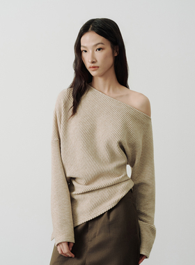 SAME FLOW 斜肩露肩设计针织衫不对称高级感长袖百搭时髦感上衣女