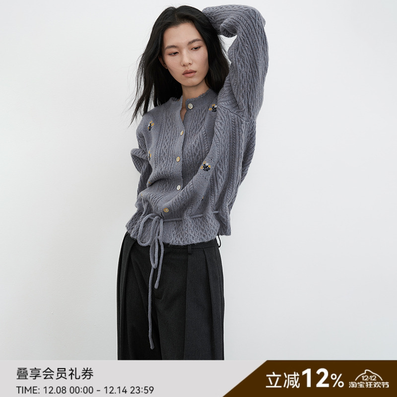 SAMEFLOW 法式收腰抽绳针织开衫女秋冬刺绣花朵镂空羊毛毛衣上衣