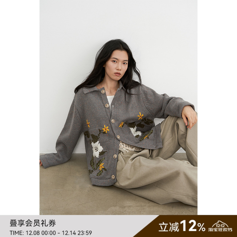 SAMEFLOW 淡人高知老钱风穿搭女手工嵌花毛衣慵懒松弛感秋冬外套