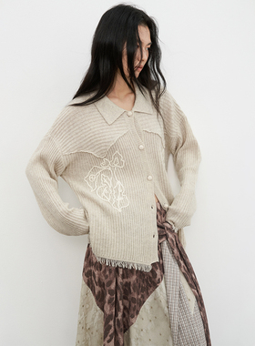 【田栩宁同款】SAME FLOW 立体海棠绣花流苏翻领毛衣开衫外套女秋