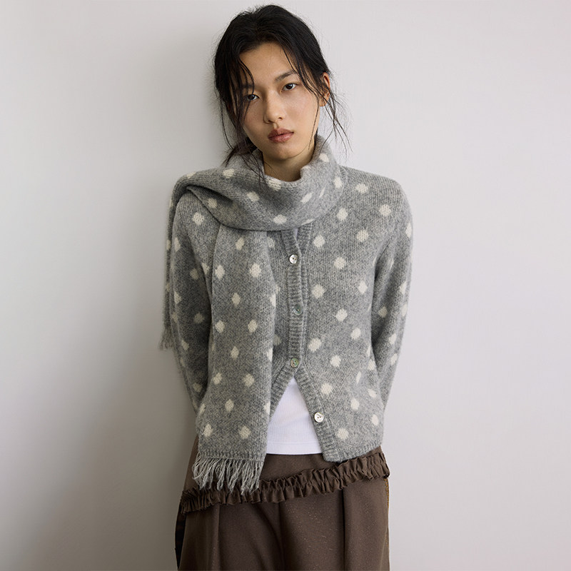 SAMEFLOW 复古灰色波点短款100%细腻肌理羊毛针织围巾开衫套装女