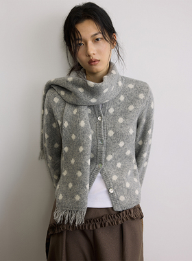 SAMEFLOW 复古灰色波点短款100%细腻肌理羊毛针织围巾开衫套装女