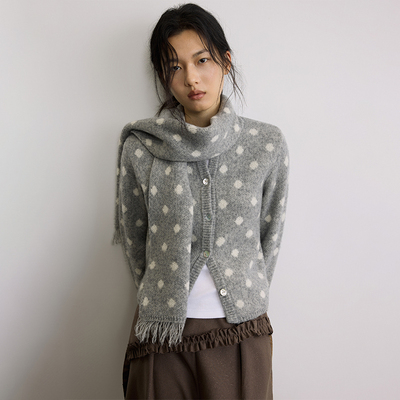 SAMEFLOW 复古灰色波点短款100%细腻肌理羊毛针织围巾开衫套装女
