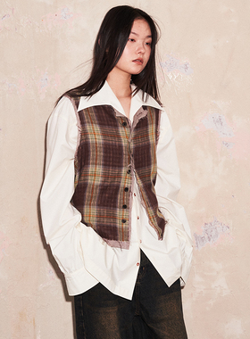SAME FLOW 原创设计感双层面料拼接小众松弛感复古撞色格子马甲