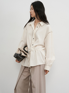 SAME FLOW  复古设计感慵懒感撞色绣花抽绳衬衫女早秋上衣外套