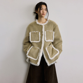 SAMEFLOW 白绒毛带围脖设计松弛保暖皮毛一体秋冬夹克女外套