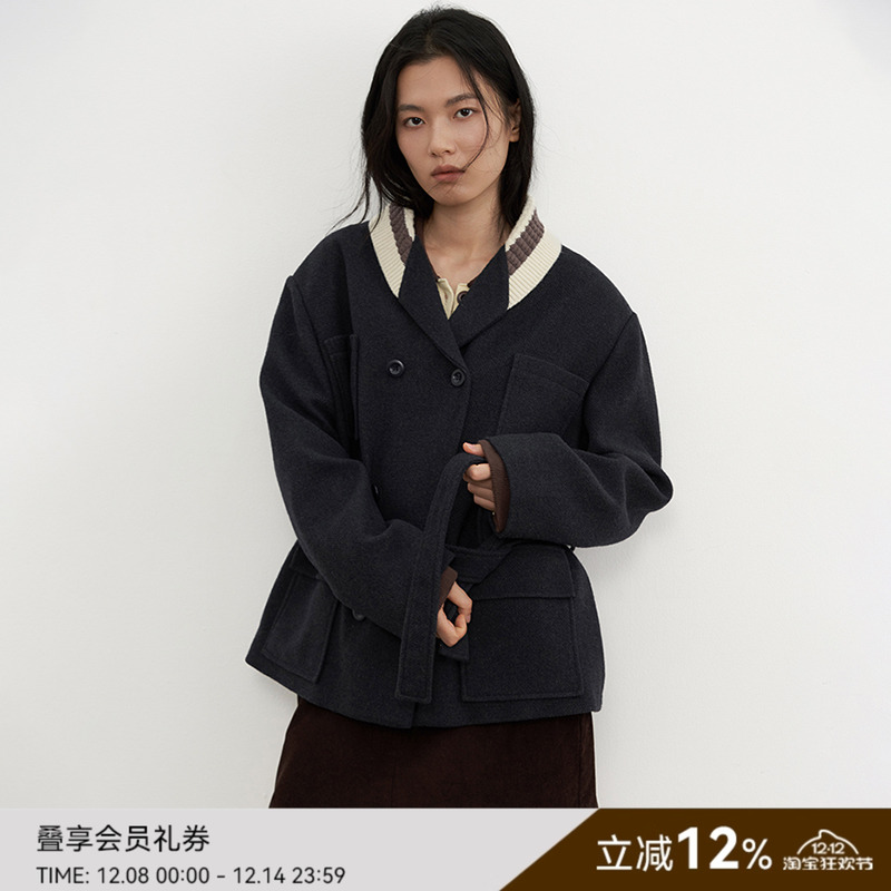 SAMEFLOW 复古拼领羊毛混纺宽松慵懒冬季夹克外套女短款毛呢大衣