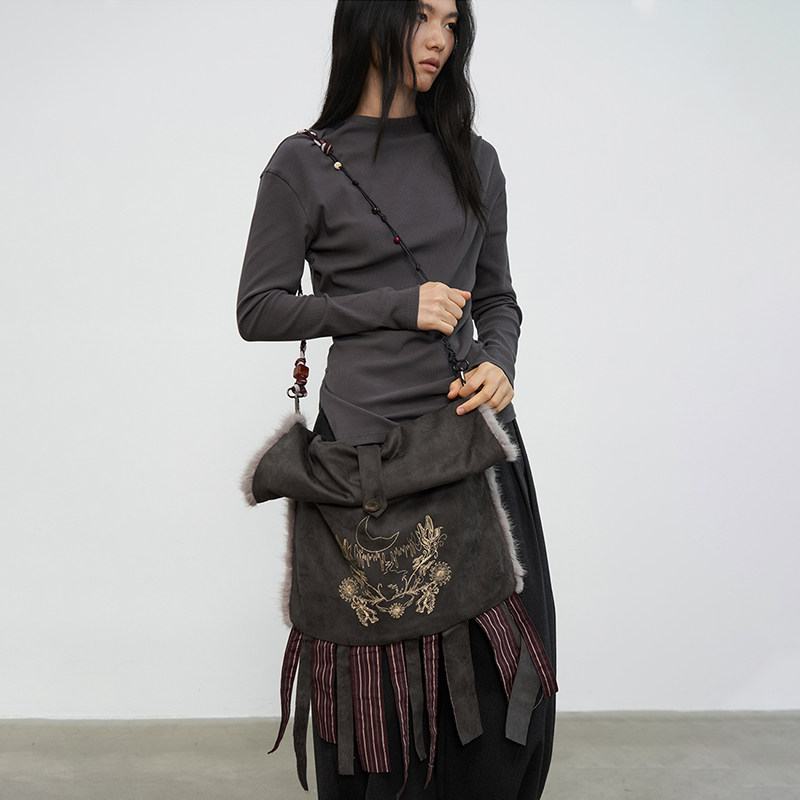 SAMEFLOW 深灰色身花卉月亮图案镜花水月麂皮包女单肩包