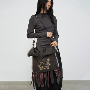 SAMEFLOW 深灰色身花卉月亮图案镜花水月麂皮包女单肩包