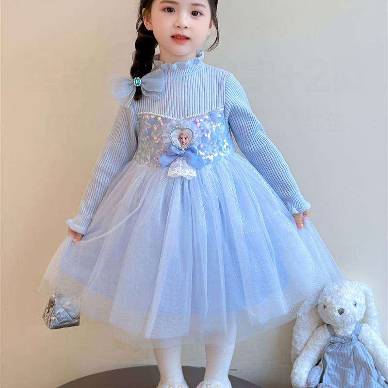 公艾莎公主裙女童冬宝宝艾蓬蓬裙连衣裙子长袖女宝新款网纱披风超
