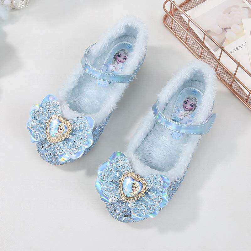 靴子女童新款水晶鞋冬天蓝色冬季中小高跟鞋加绒鞋小女孩公主鞋子