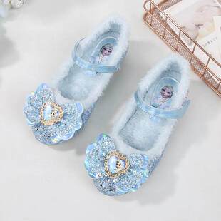 靴子女童新款水晶鞋冬天蓝色冬季中小高跟鞋加绒鞋小女孩公主鞋子