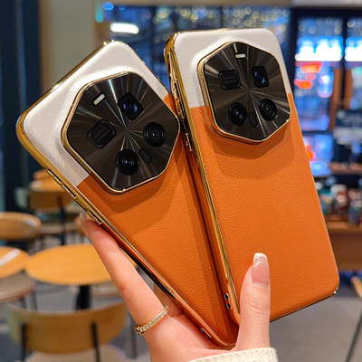 电镀金色适用荣耀magic8rsr保时捷手机壳皮纹magic7RSR保时捷保护套全包防摔高级拼色大漠银月高档男女