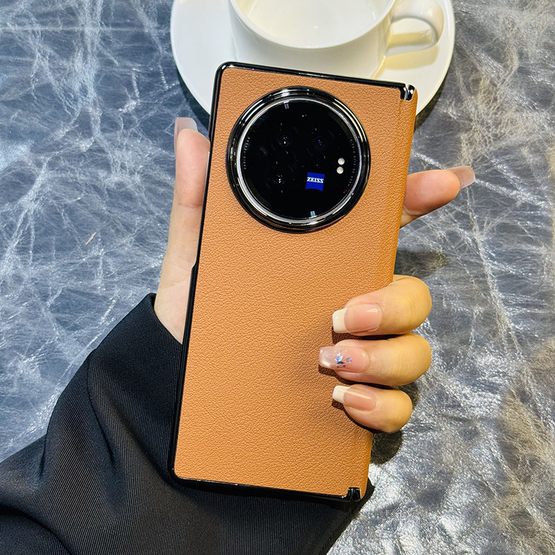 美拉德棕适用VIVOXFOLD3手机壳电镀皮纹vivo xfold3折叠屏保护套包中轴xfold3高级棕色VIVO创意男女