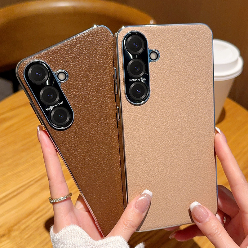 肤感荔枝纹粉咖适用三星s25手机壳皮纹电镀galaxy s25+保护套全包防摔皮质s25ultra高级深咖简约高档男女