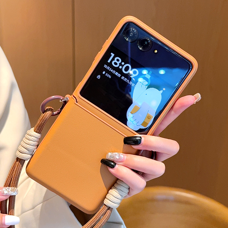 适用摩托罗拉moto razr60手机壳全包中轴防摔皮纹razr60ultra保护壳编织手提链高级感棕色喷油折叠屏简约