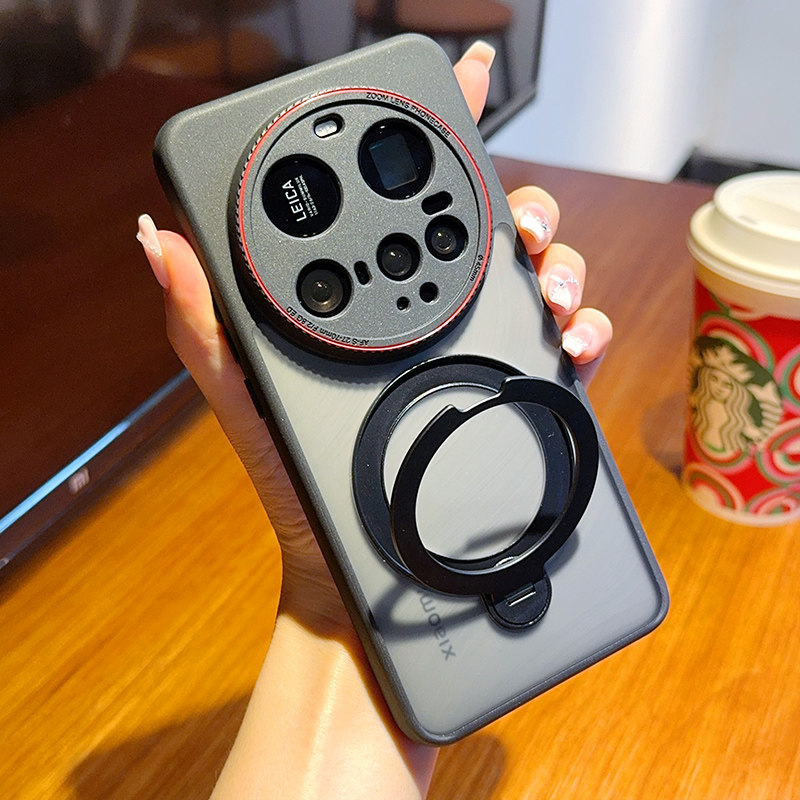 适用小米15Ultra手机壳磁吸旋转支架小米14Ultra保护套全包高档15Ultra肤感壳创意徕卡红圈镜头简约磨砂透明