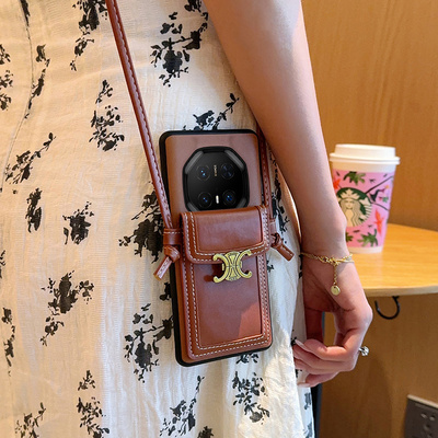 适用华为mate70RS非凡大师手机壳皮纹复古简约mate70RS保护壳全包防摔mate70RS高级感棕斜挎金属标卡包轻奢