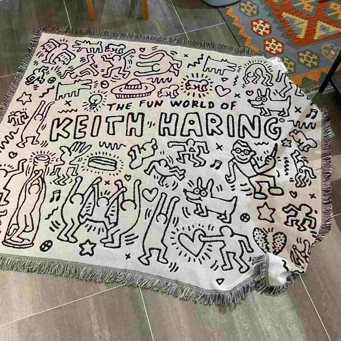 凯斯哈林黑白涂鸦大师Keith haring装饰挂毯沙发床盖毯毛毯针织毯