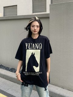 YUANQ22SS不惧失败马头T恤短袖美式复古街头宽松上衣