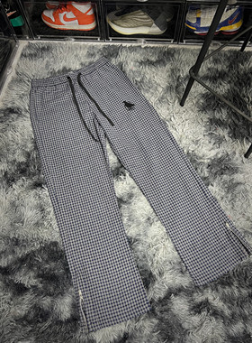 YUANQ25SS深藏蓝格子美式长裤小众宽松原创休闲慵懒直筒微喇叭裤