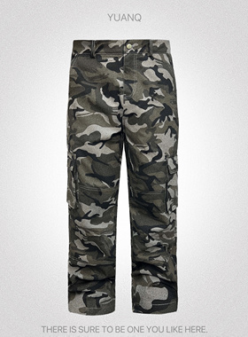 YUANQ黑灰迷彩直筒工装裤美式复古宽松小众长裤原创国潮多口袋裤