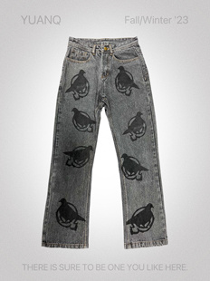 休闲原创小众宽松长裤 YUANQ24AW满印LOGO美式 黑灰微喇叭牛仔裤