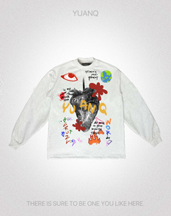 YUANQ24AW手绘涂鸦美式 宽松休闲原创小众国潮百搭男女T恤 复古长袖