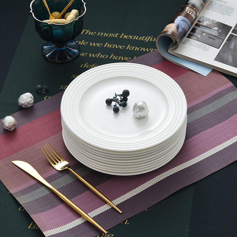 10个盘子 纯白色圆形瓷盘子8英寸平盘浅盘家用西餐盘牛排盘可微波