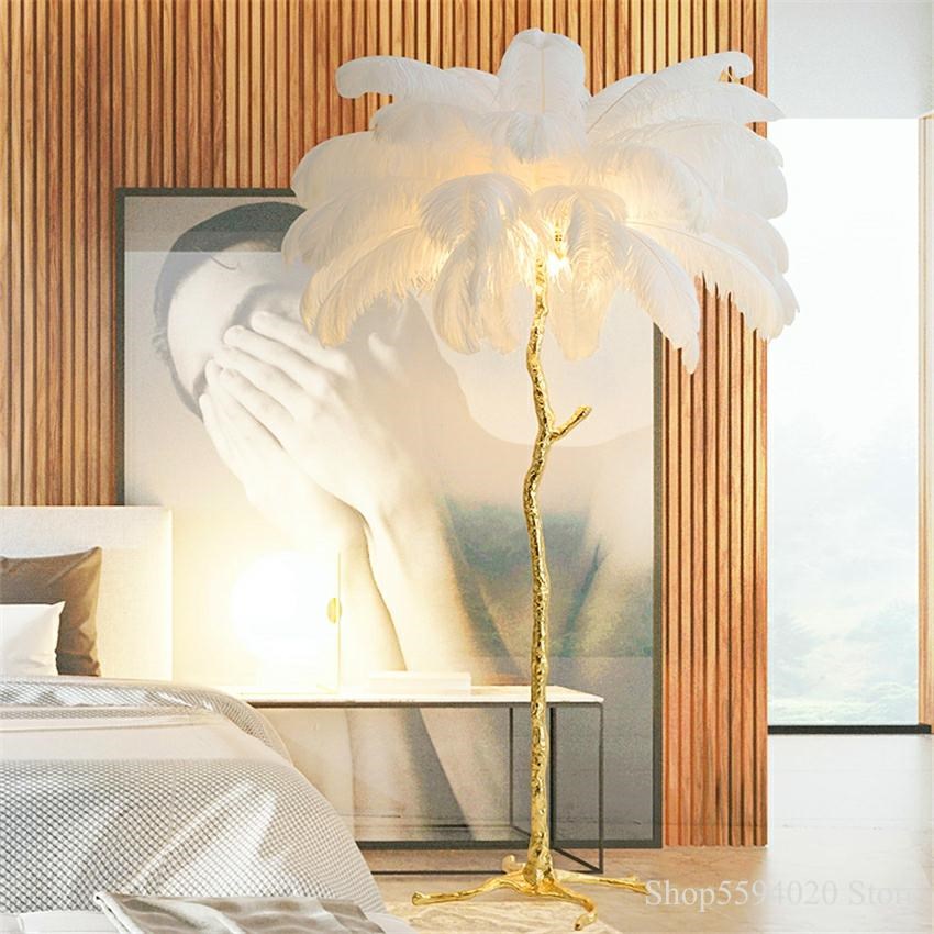 Nordic Ostrich Feather Floor Lamp Stand Light Copper Modern