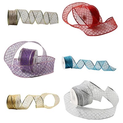 50 Yards/roll Lattice Glitter Sheer Wired Organza Christmas