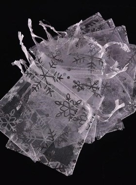 100pcs Christmas Snowflake Print White Drawable Organza Bags