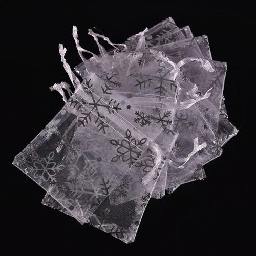 100pcs Christmas Snowflake Print White Drawable Organza Bags