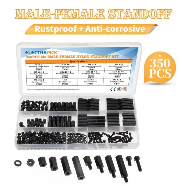 350pcs M3 Black Nylon Two Way Hex Column Standoff Spacers 适