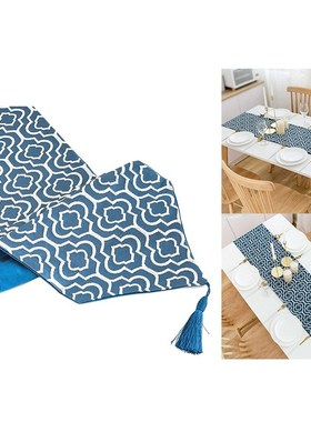 Blue Table Runner Jacquard Coffee Table Runner with Tassels