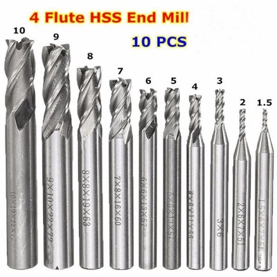 10Pcs HSS End Mill Straight Shank 4 Flutes CNC Milling Cutte