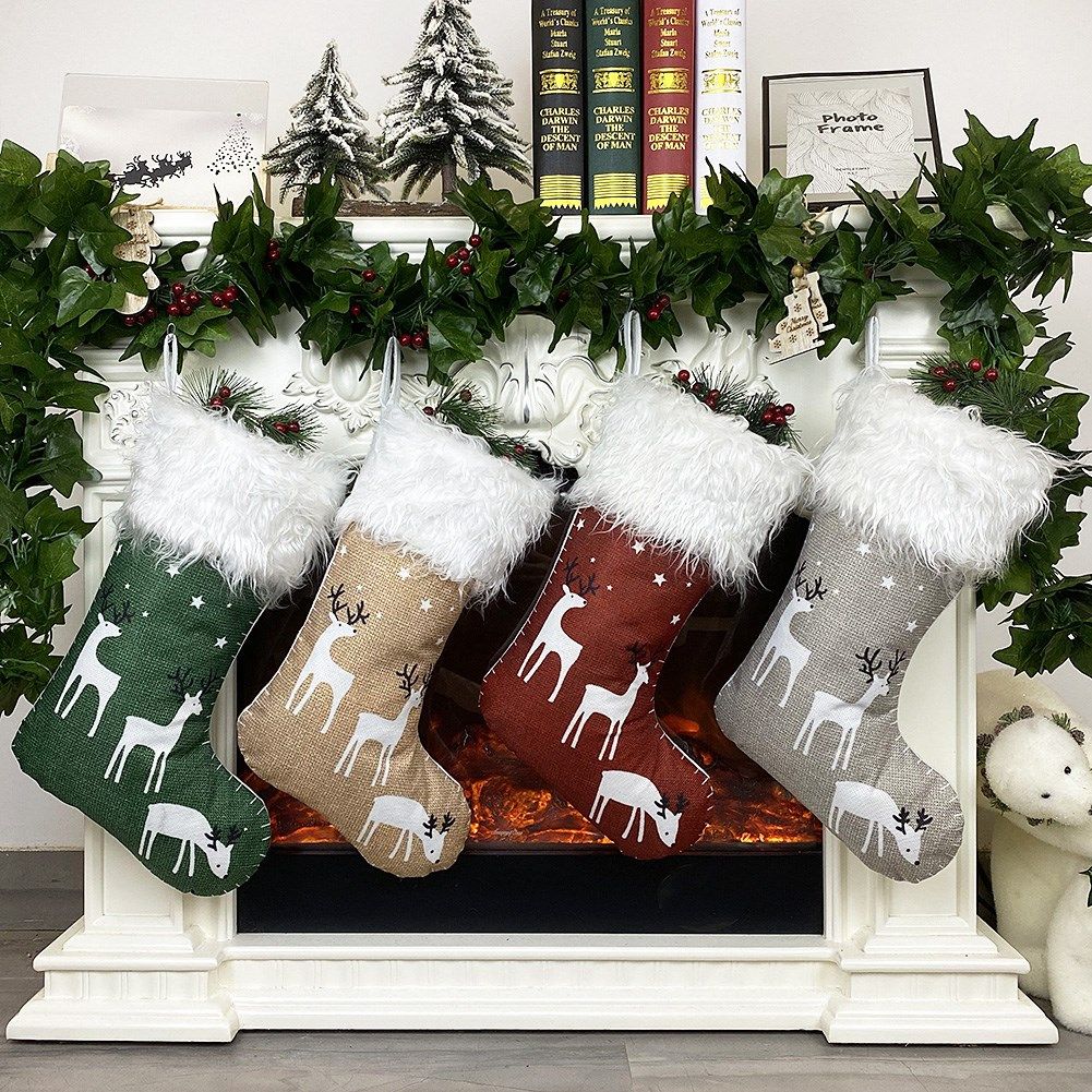 christmas elk pattern stockings non-woven linen fabric sock