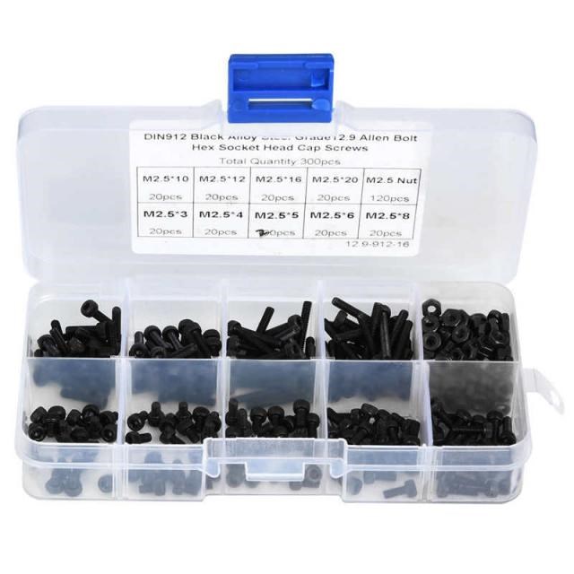 300pcs M2.5 x 3-20mm 12.9 Grade Black Alloy Steel Hex Socket