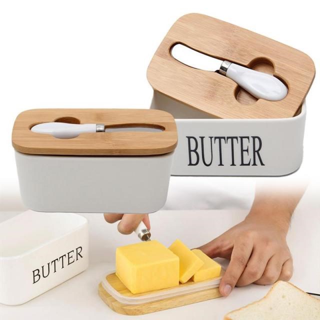 Nordic Style Butter Box Dish With Wood Lid Holder Portable B