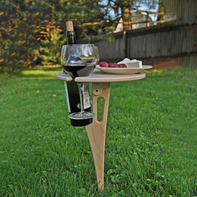 Outdoor Wooden Wine Table With Foldable Round Desktop Mini P