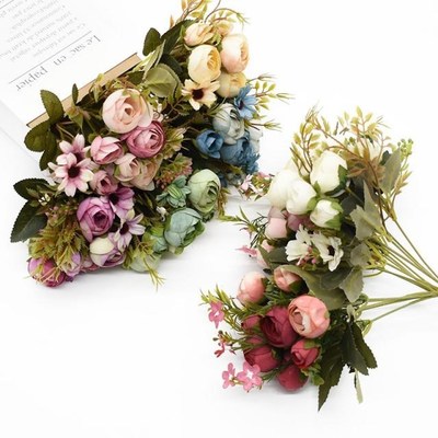 Artificial Flowers Silk Tea Roses Vases for Home Decoration