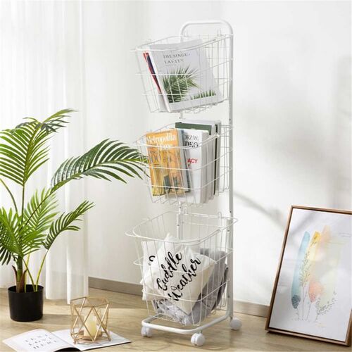 Iron Dirty Clothes Storage Basket Cart Movable Organizer Bas