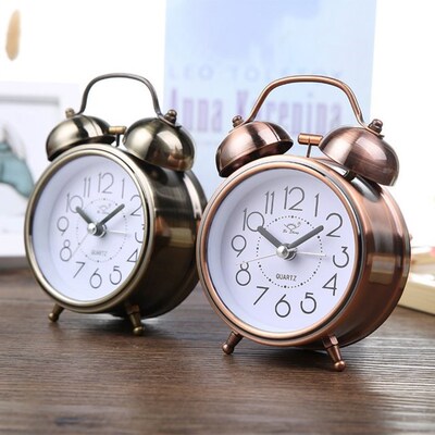 Retro Alarm Clock Silent Pointer Clocks Dual Bell Night Ligh