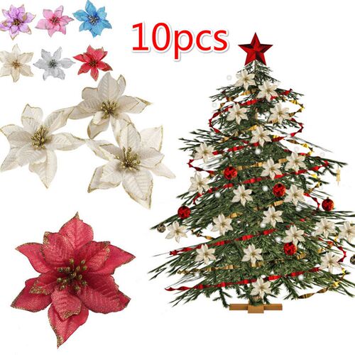 10pcs Artificial Christmas Flowers Glitter Fake Flowers Merr